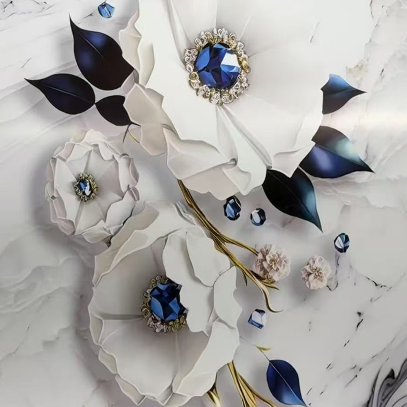 Vattentät PVC-väggpanel i fuskmarmor med blomdesign